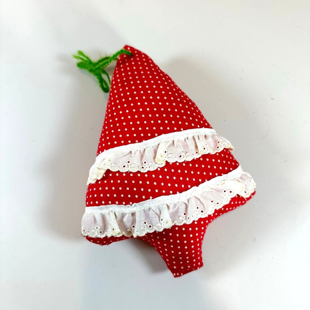 Vintage Handmade Christmas Ornament Red Polka Dot Eyelet Tree Soft Plush Stuffed